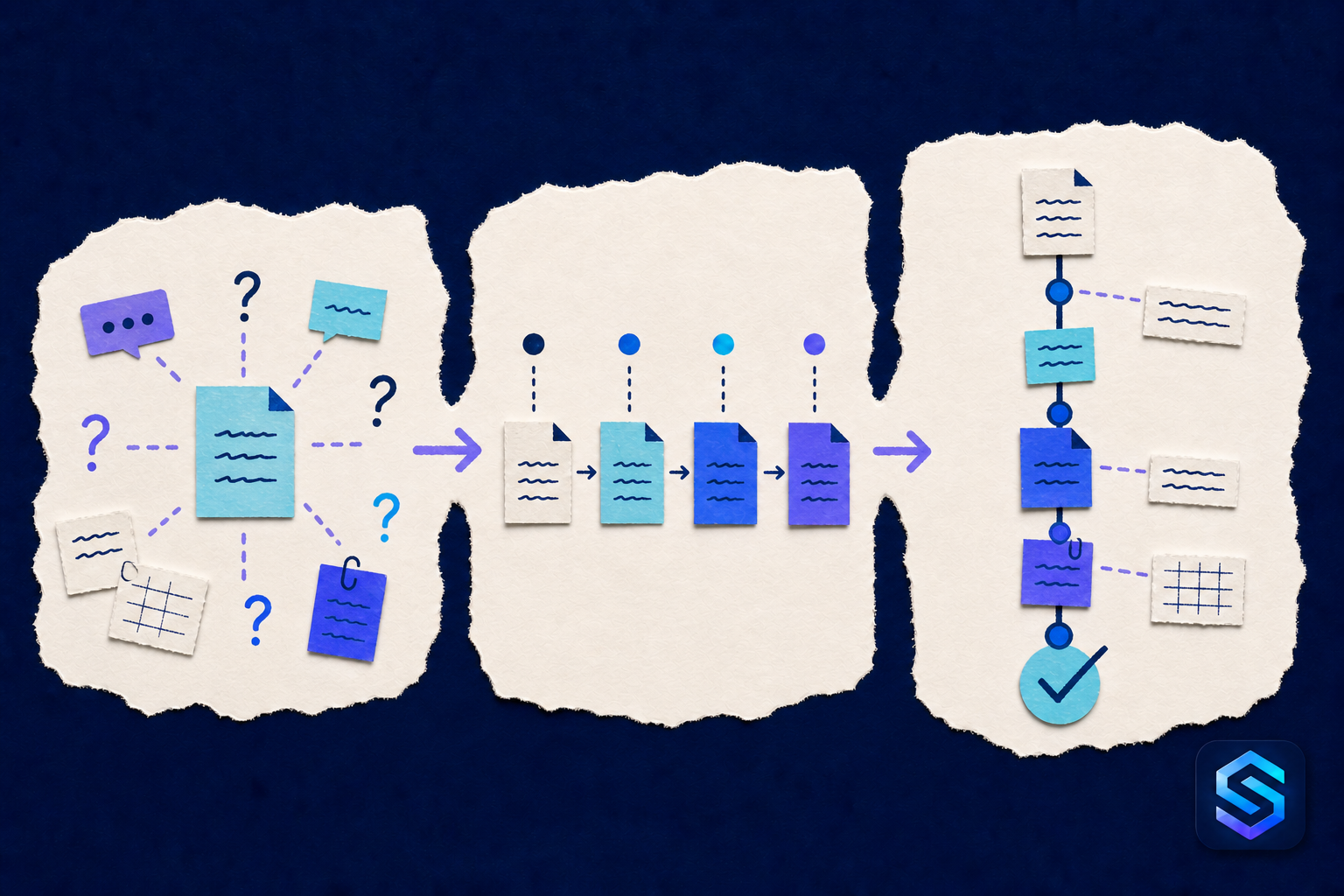 Handcrafted torn-paper illustration about build a history behind every decision