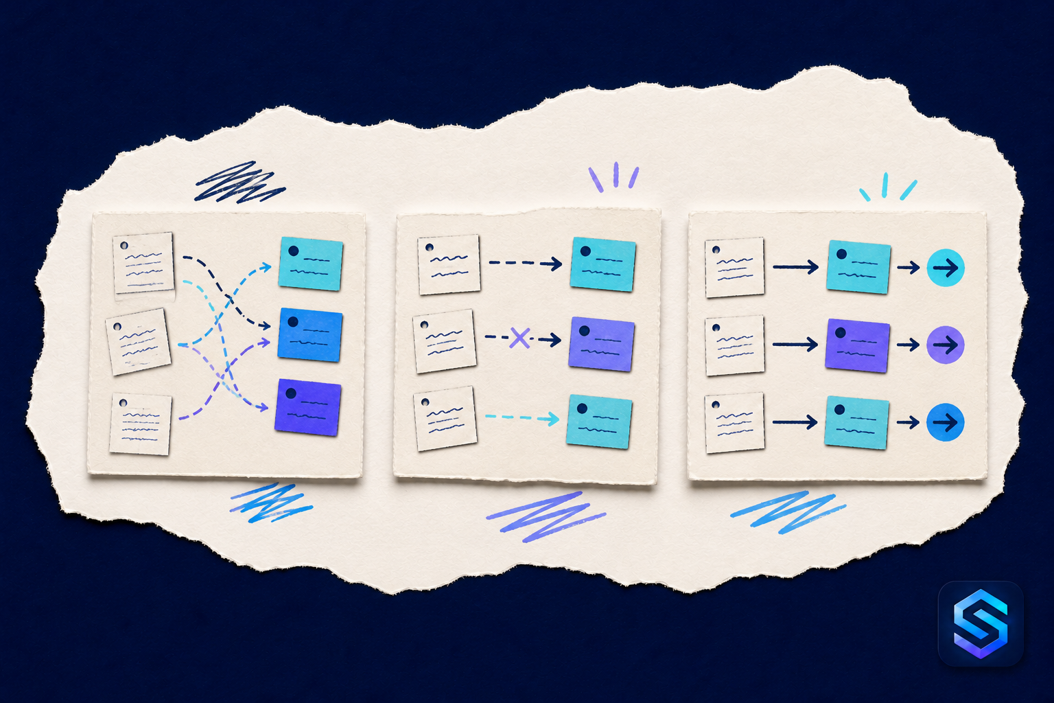Handcrafted torn-paper illustration about connect every quote to the right customer