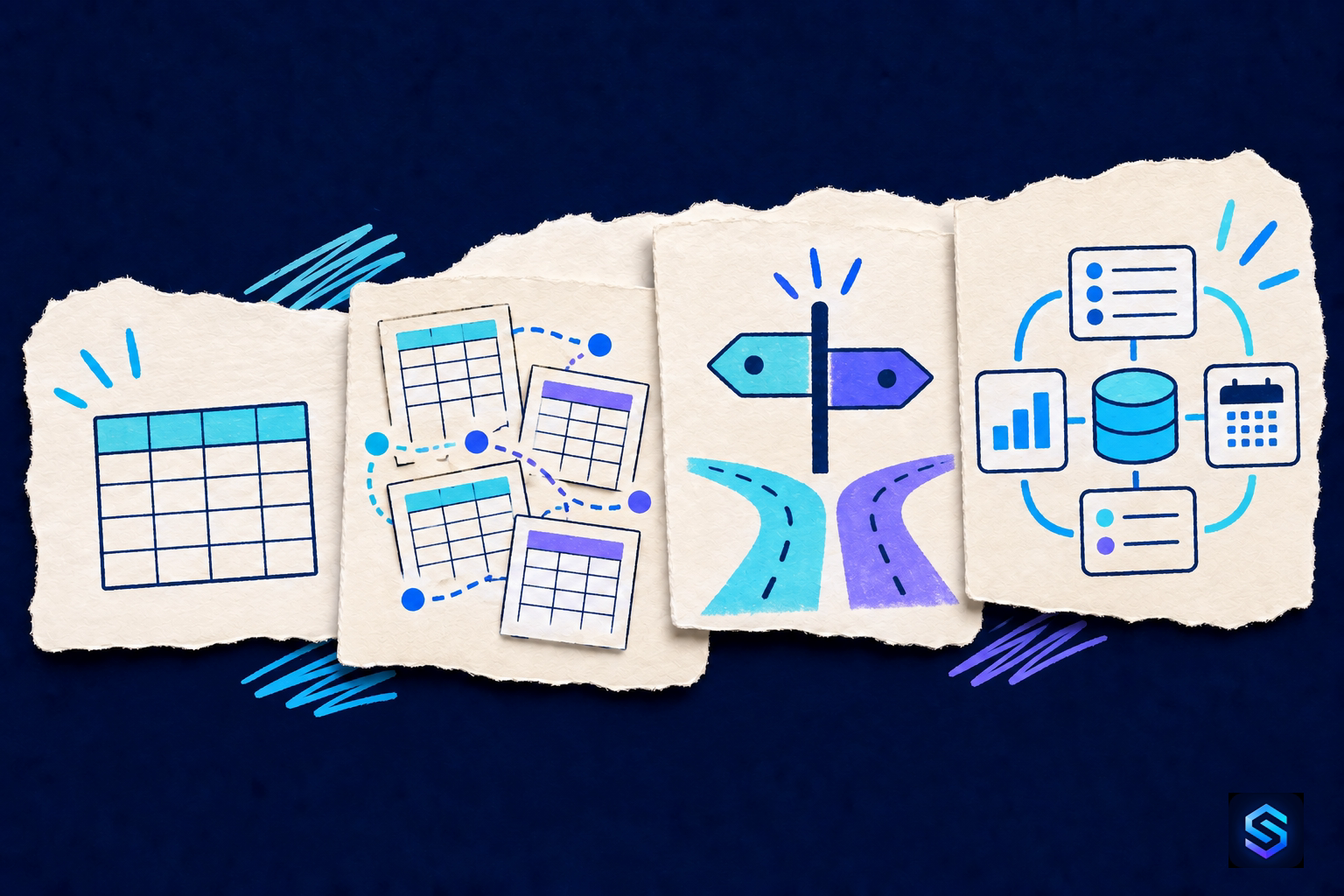 Torn-paper illustration comparing a simple spreadsheet with connected business records