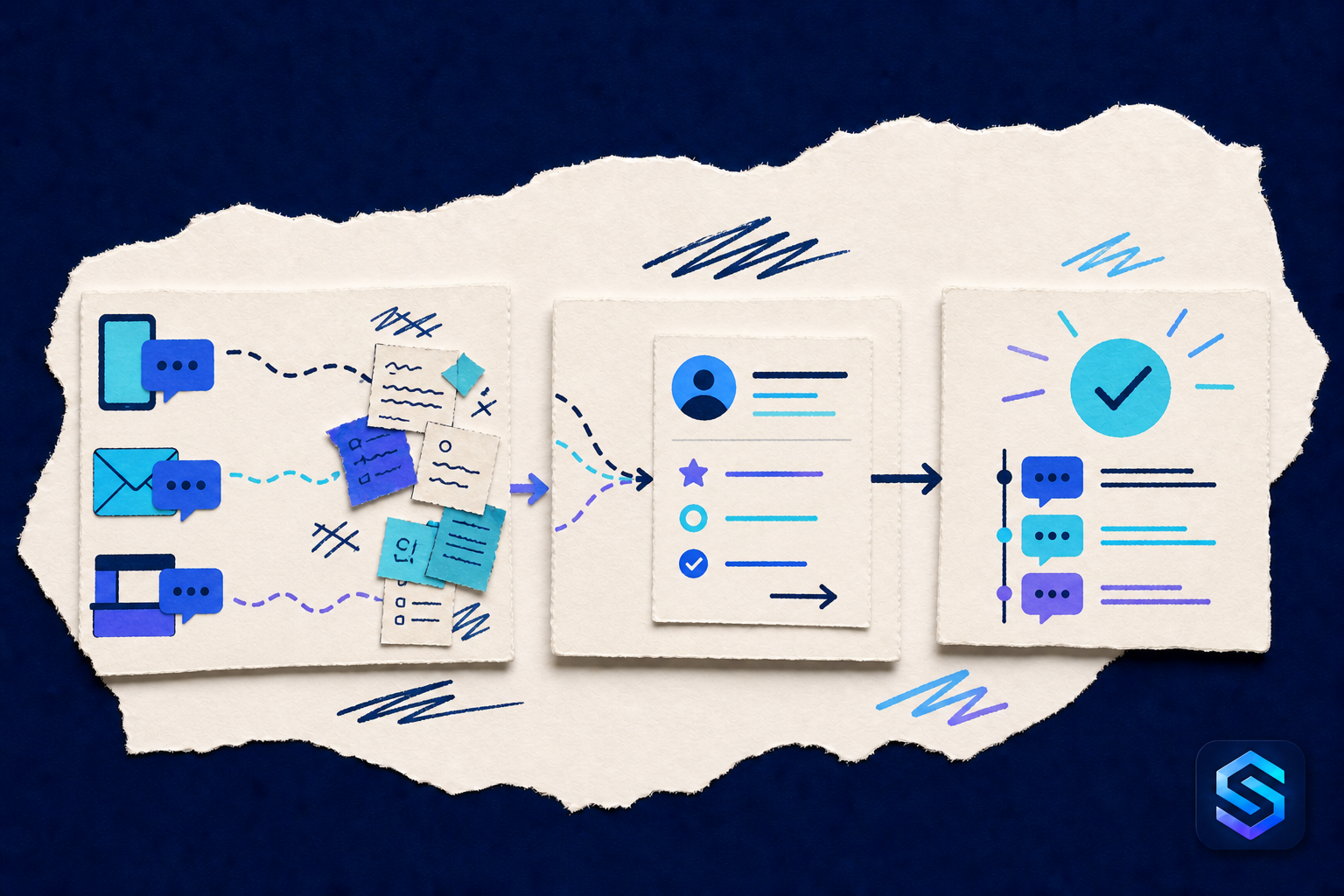 Handcrafted torn-paper illustration about follow every customer request to resolution