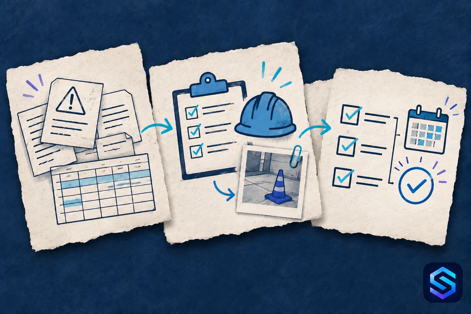 Torn-paper illustration connecting scattered safety reports and a spreadsheet to an inspection checklist, evidence, and corrective-action follow-up.