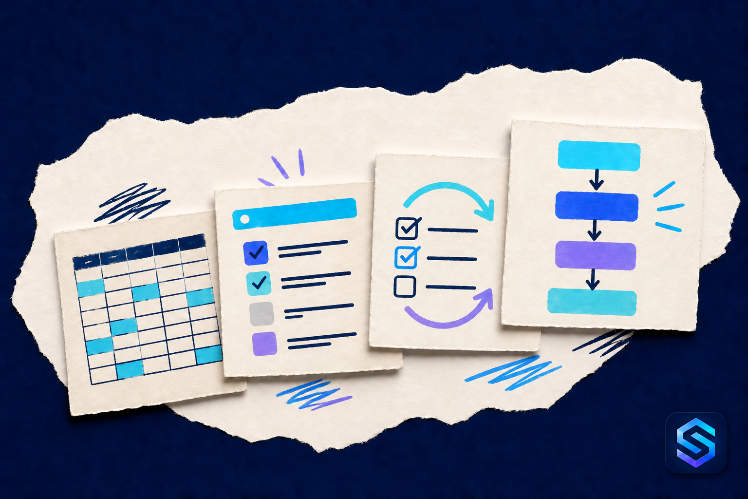 Paper cards progress from a spreadsheet to a simple task screen, a practice checklist and an organized shared workflow.