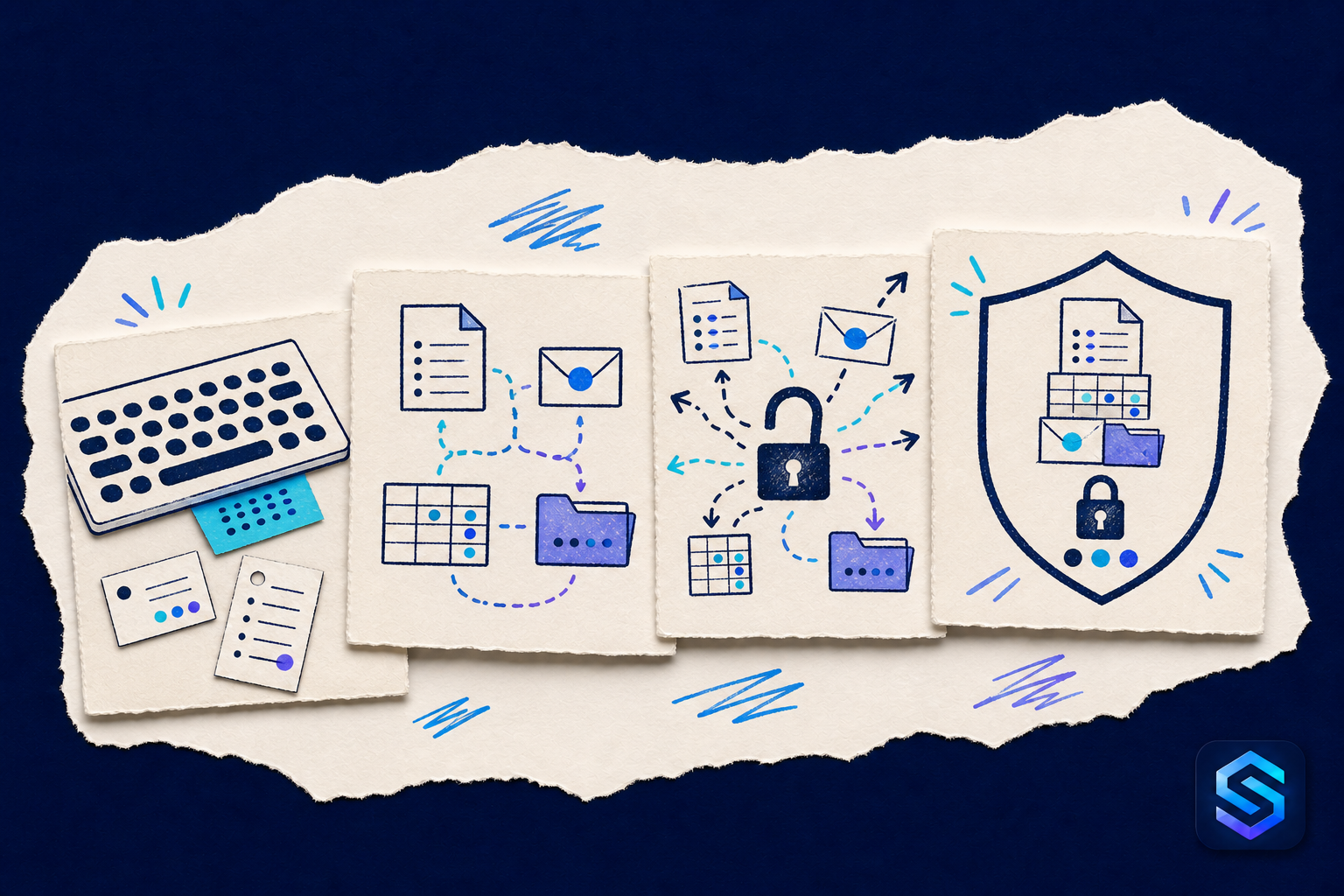 Handcrafted illustration showing scattered sensitive information moving into a secure controlled system