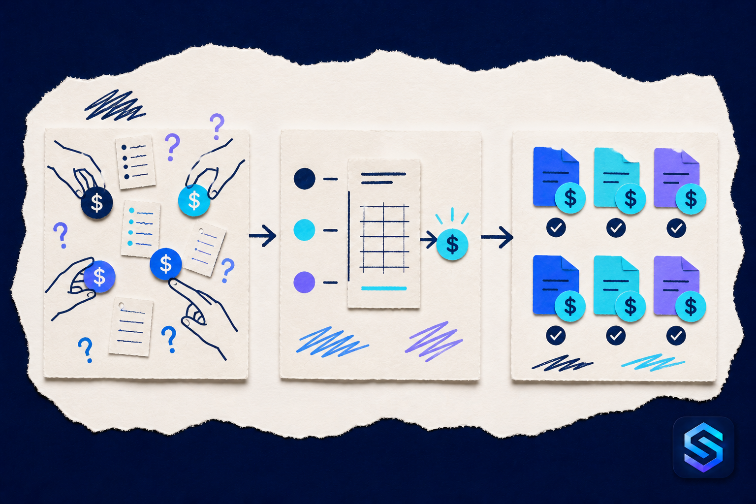 Handcrafted torn-paper illustration about make administration fees a rule, not a guess