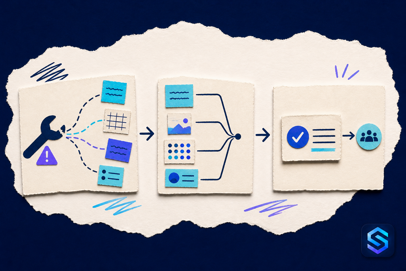 Handcrafted torn-paper illustration about make problem reporting easy to follow