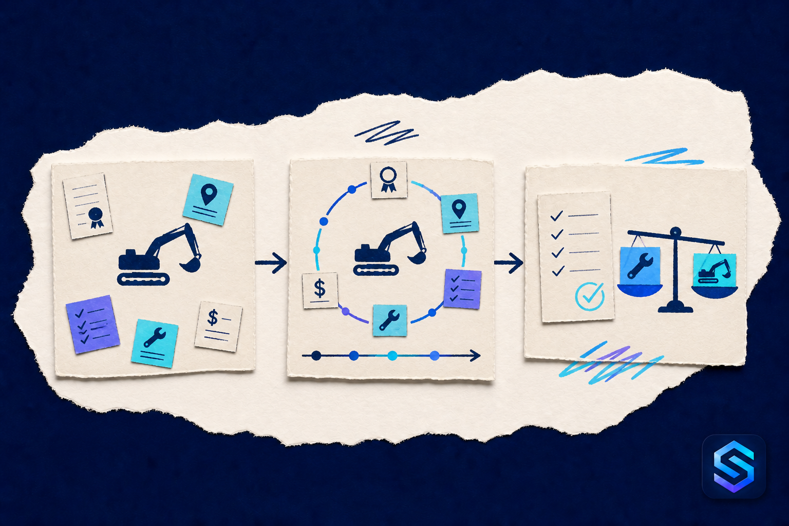 Handcrafted torn-paper illustration about manage equipment through its entire life