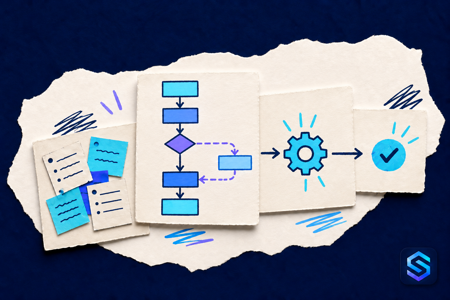 Des notes dispersées deviennent un diagramme de processus avec une branche d'exception, puis un engrenage et une coche de fin.