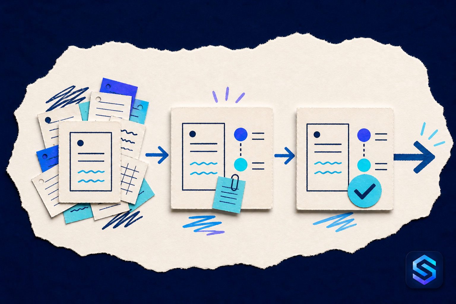 Handcrafted torn-paper illustration about move approval requests forward