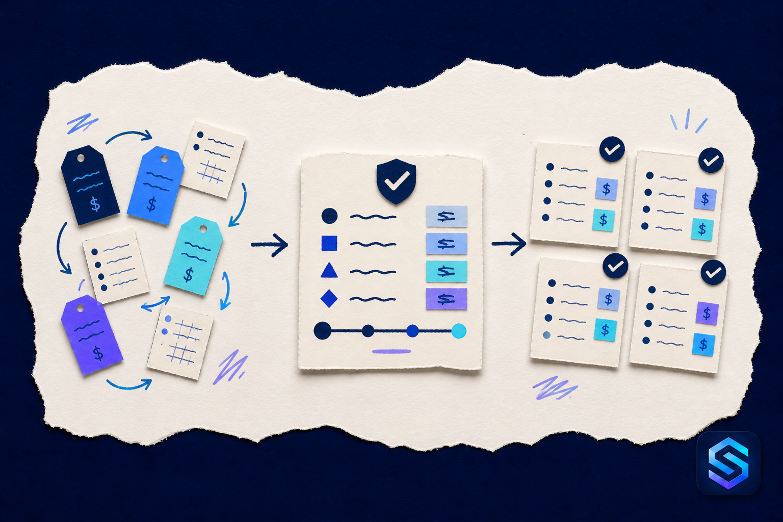 Handcrafted torn-paper illustration about one reliable price list for your services