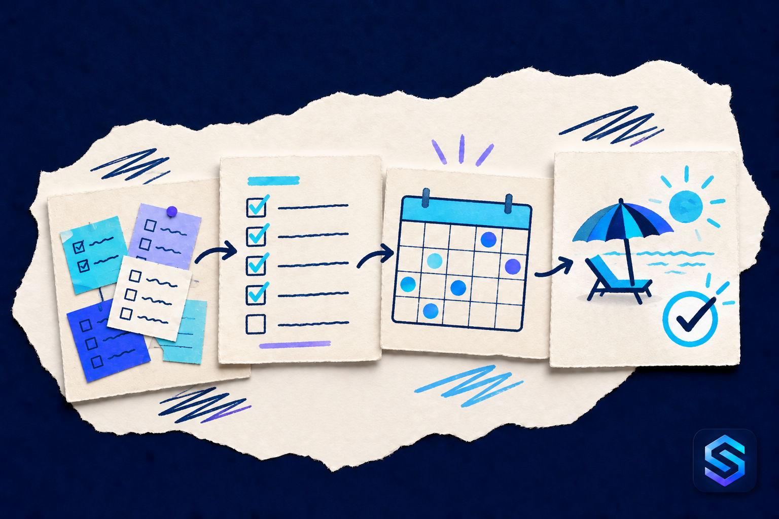 Torn-paper cards turn open tasks into a handover checklist, a shared calendar and completed work.