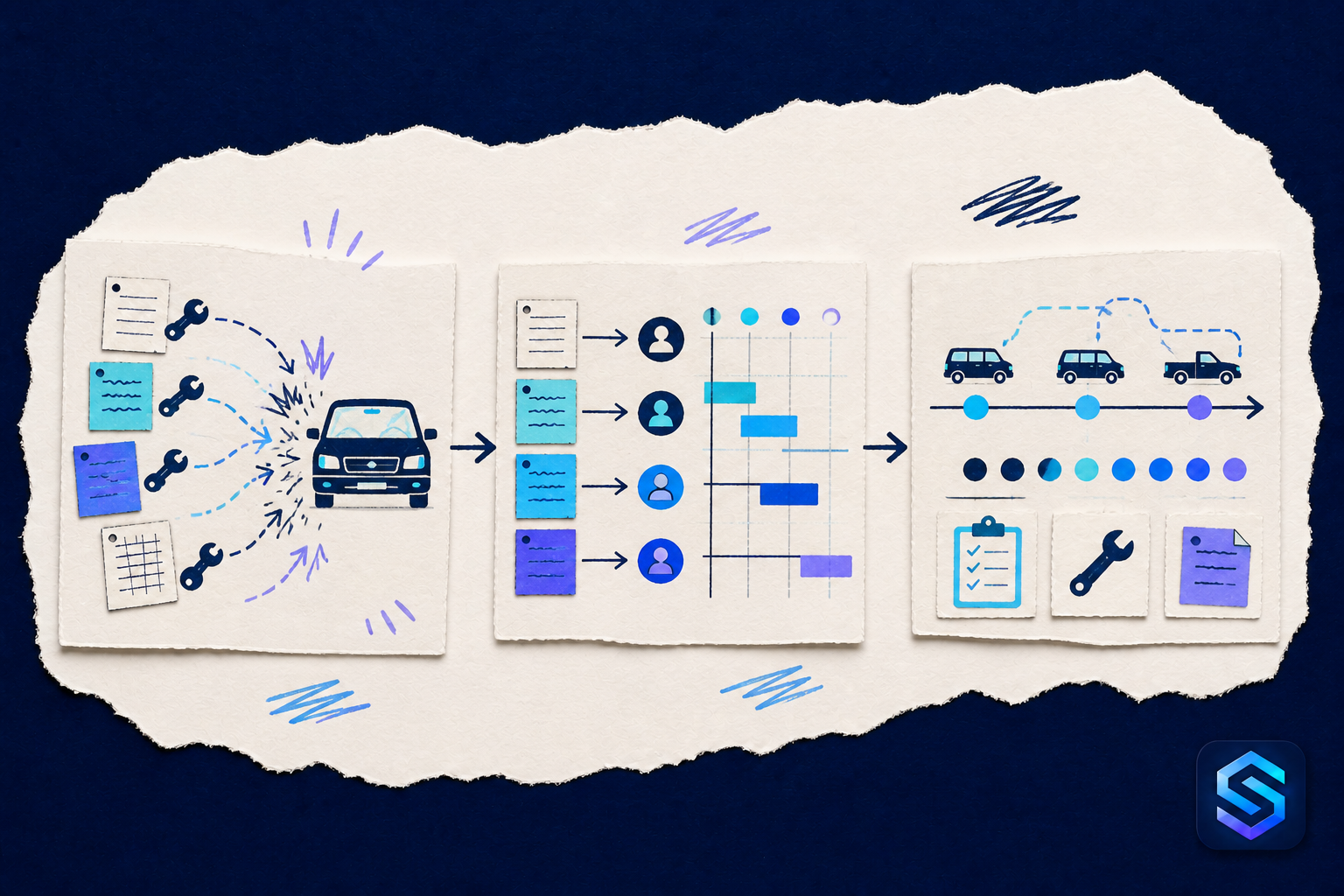 Handcrafted torn-paper illustration about share service vehicles without conflict