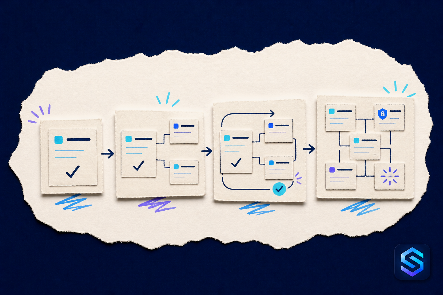 Handcrafted illustration showing one focused module growing into a connected business system