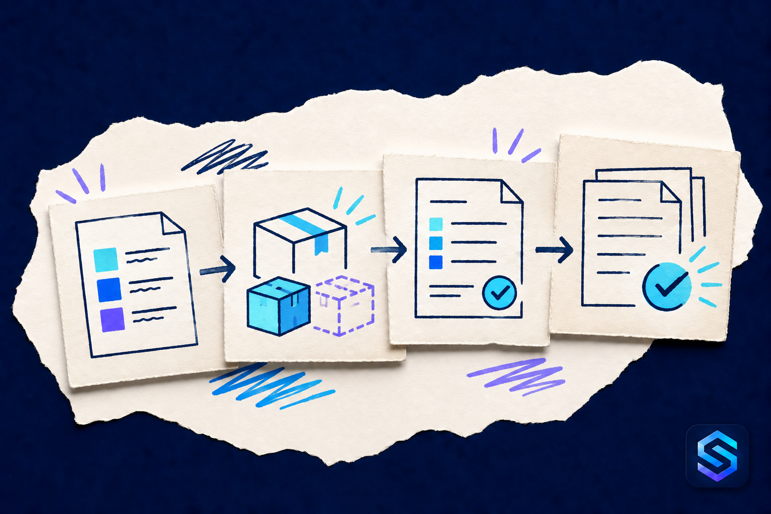 Torn-paper cards connect a purchase order, a partial parts delivery, an invoice and a completed purchasing record.