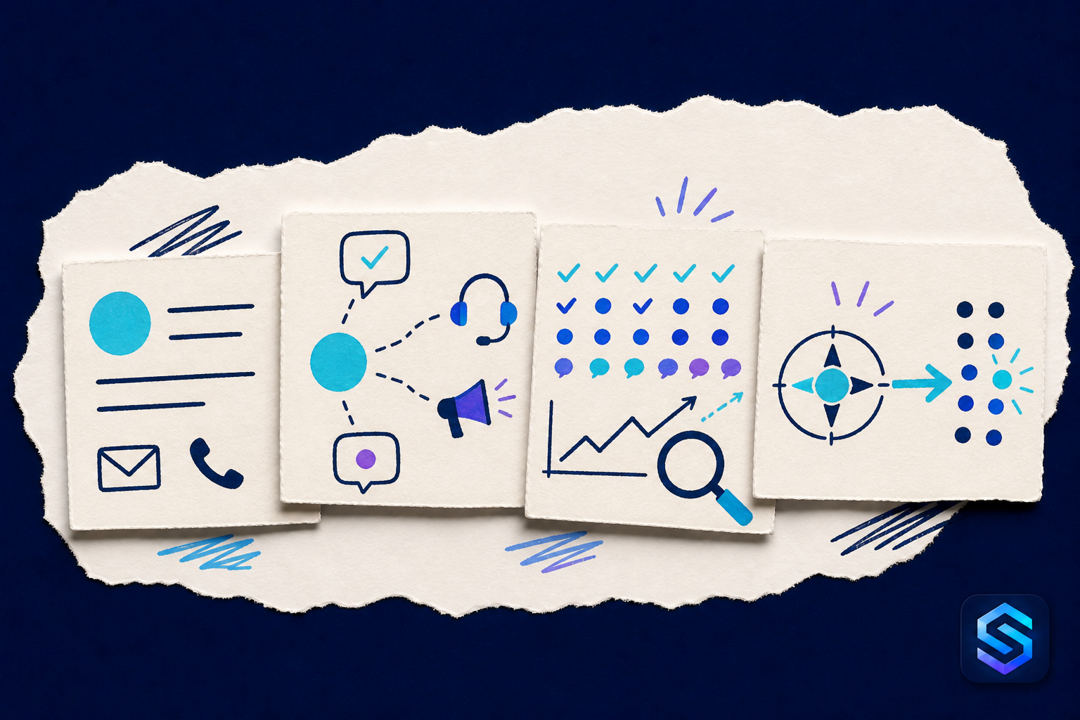 Handcrafted illustration showing customer conversations becoming shared business knowledge