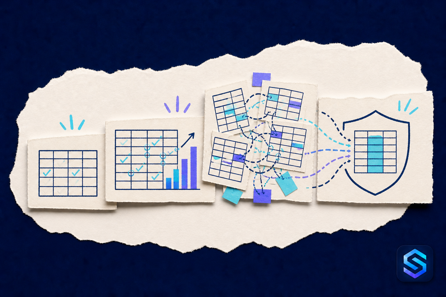 Handcrafted illustration showing a spreadsheet growing from a simple tool into a critical business system