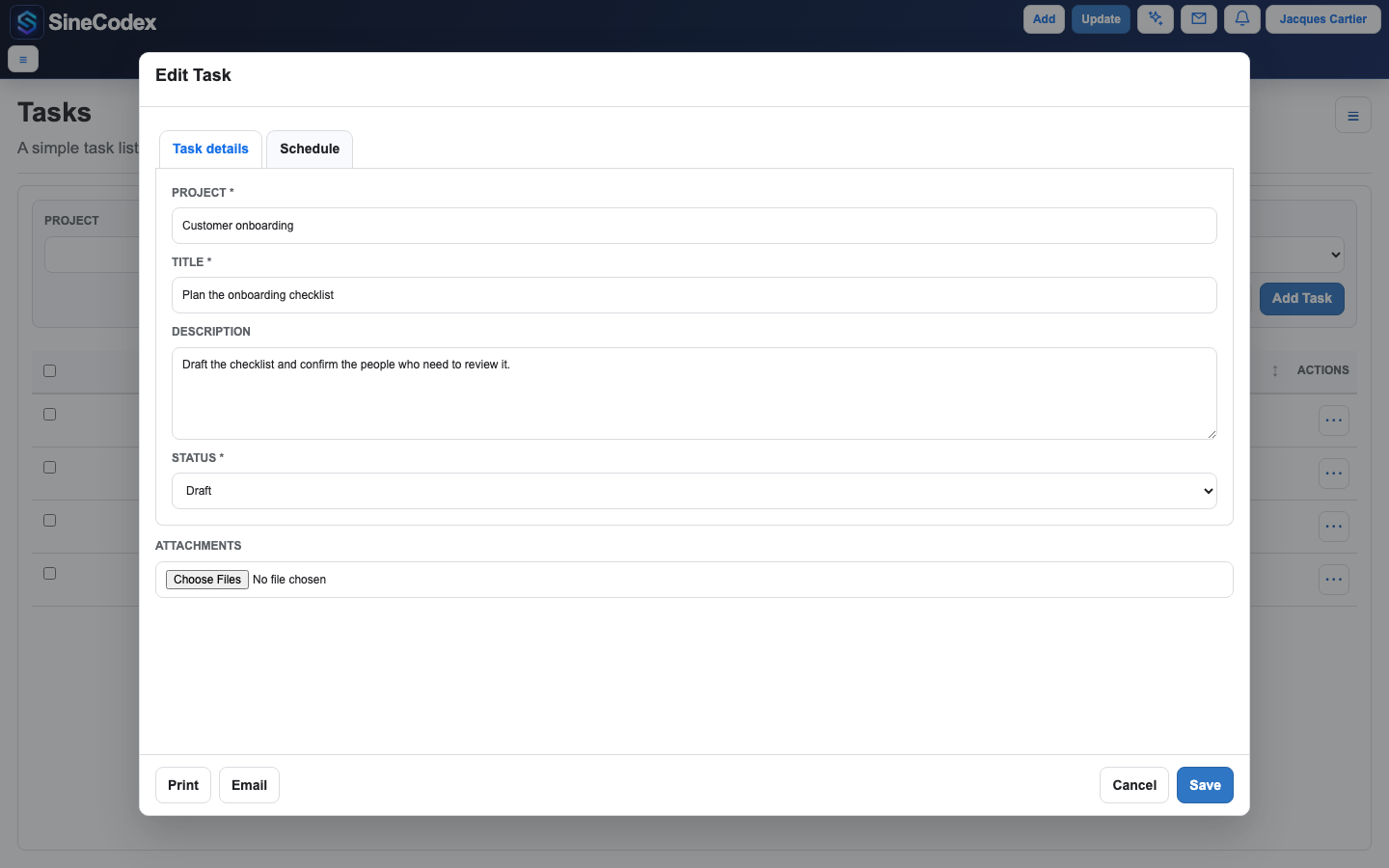 SineCodex task form with populated customer onboarding data organized into Task details and Schedule tabs