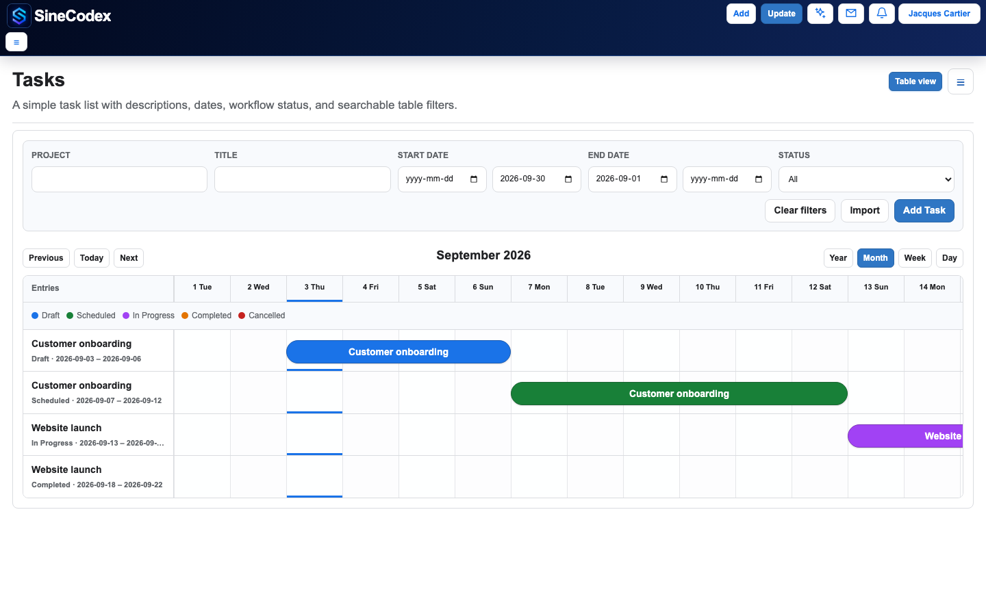 SineCodex Gantt view showing customer onboarding and website launch work across September 2026