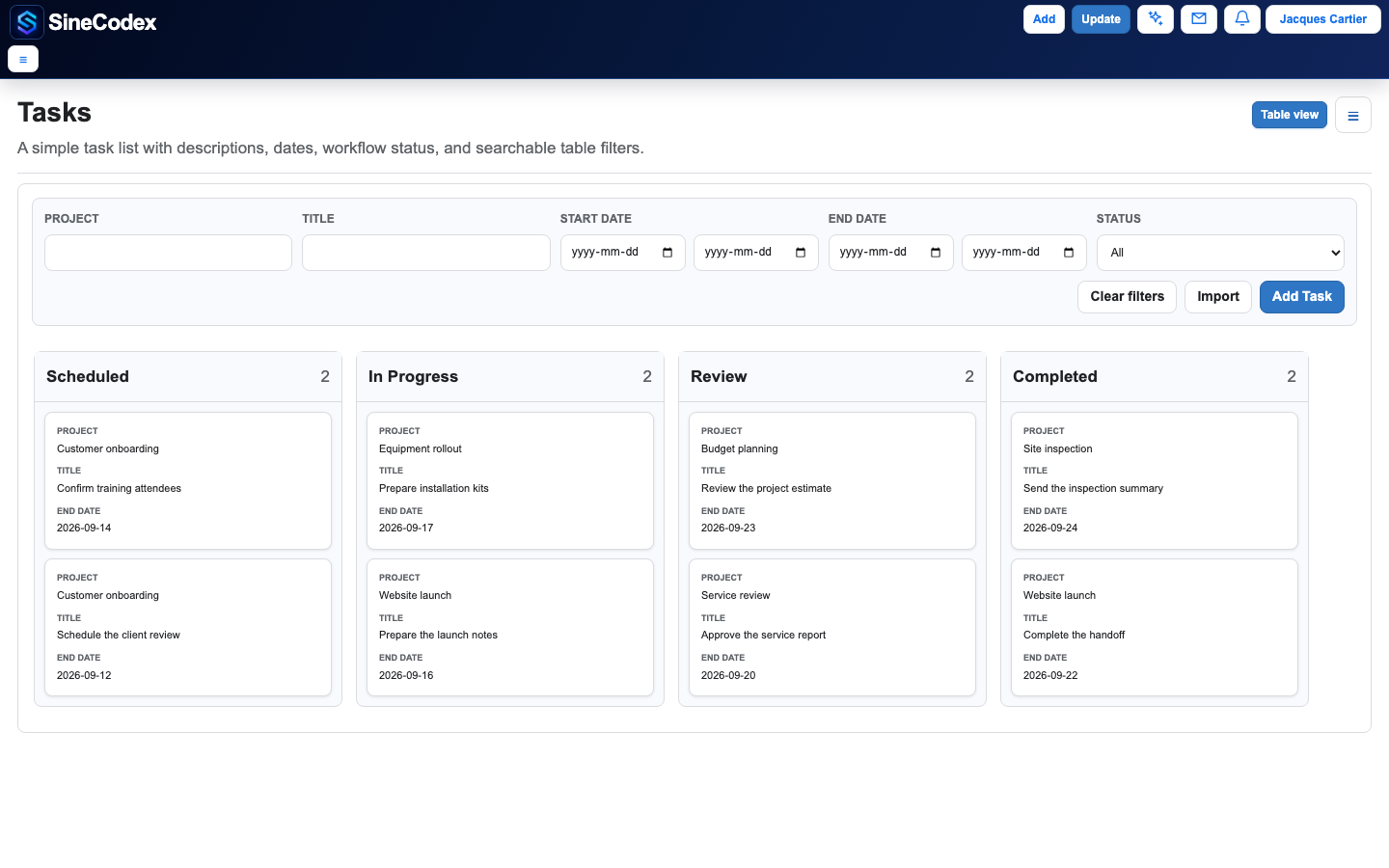 SineCodex Kanban view showing scheduled, in-progress, review, and completed tasks with realistic demonstration data