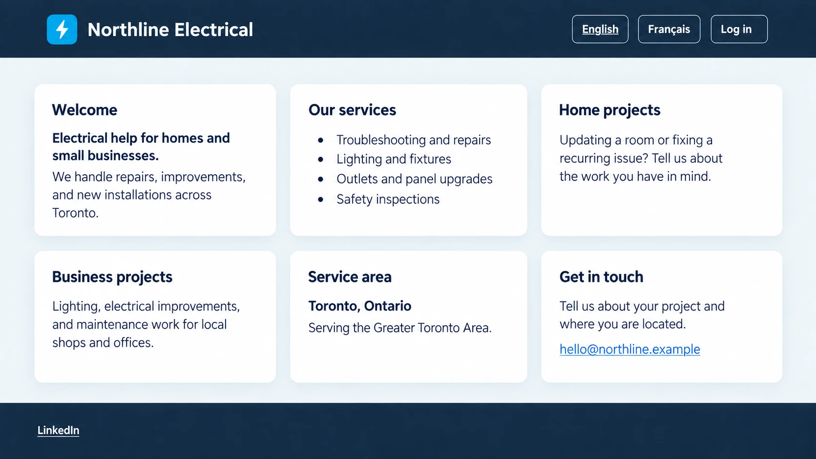 Illustrative electrical services landing page with a company logo and six cards showing bold text, a services list, location, and a contact link